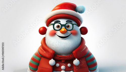 cute animal in a  Christmas hat and scarf stands in a snowy and looks at the camera against the backdrop of isolate on white