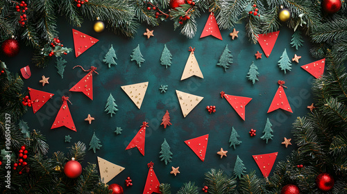 Seasonal background for christmas card with red and green flags and with lighting in the back photo