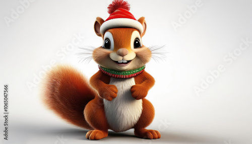 cute animal in a  Christmas hat and scarf stands in a snowy and looks at the camera against the backdrop of isolate on white