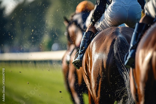 Jockeys riding their powerful racehorses on a grass surface, capturing the intensity and concentration required for a horse race on a bright sunny day.