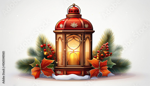 Christmas Lantern With Decoration On Snow  - Snowy Candlelight.Isolated on white
