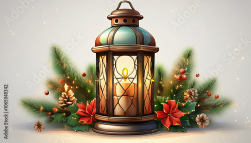 Christmas Lantern With Decoration On Snow  - Snowy Candlelight.Isolated on white