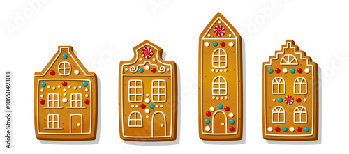 Christmas gingerbread house cookies in cartoon style isolated on white background. Sweet sugar biscuits in shape of Amsterdam buildings. Traditional cakes and crackers. Vector illustration.