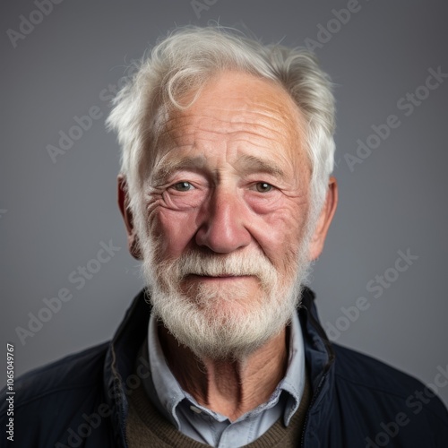 Dutch elderly man dressed casually with relaxed expression and warm eyes against a colorful studio backdrop