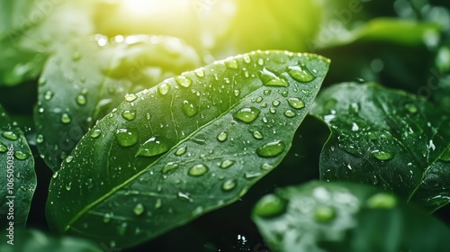 A close-up of green leaves shimmering with water droplets under sunlight, symbolizing the purity and vitality of nature, with a focus on detail and clarity.