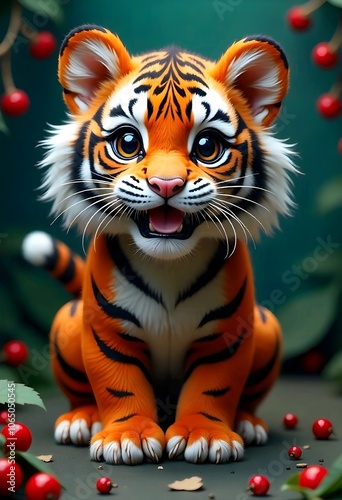 A young thig cub in orange and black stripes, with large expressive eyes and an adorable open-mouthed expression contrasted against a blurry natural background of red berries. photo