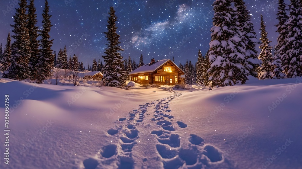 Fototapeta premium Snowy Path to a Cozy Cabin, snow, footprints, warm, light