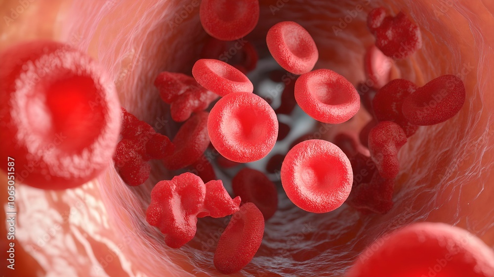 Fototapeta premium Close-Up of Red Blood Cells in a Blood Vessel, microscopic, biology, healthcare, anatomy