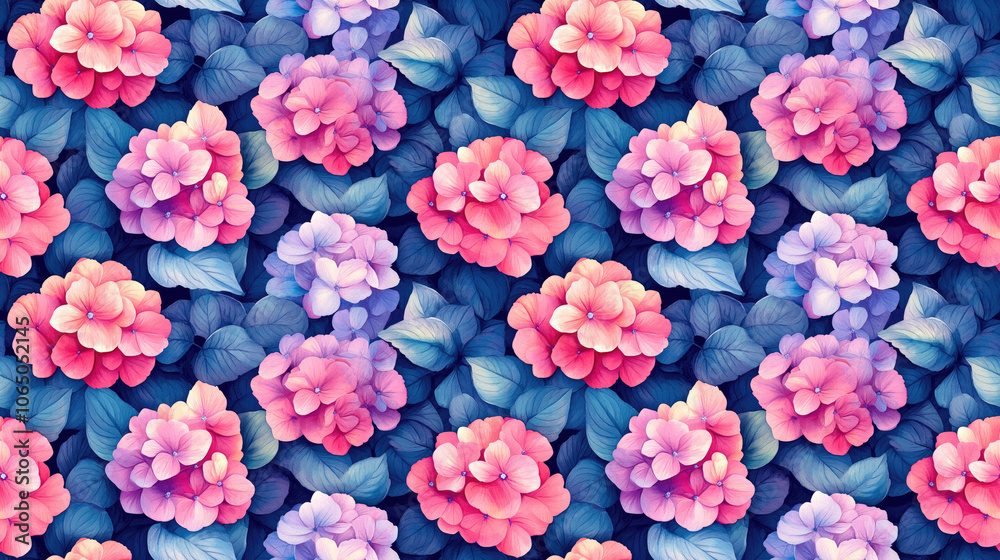 Seamless pattern of vibrant watercolor hydrangea flowers ideal for fabric design and stationery Seamless pattern of vibrant watercolor hydrangea flowers ideal for fabric design and stationery