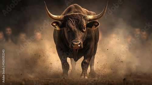 Powerful bull charging through a dusty arena