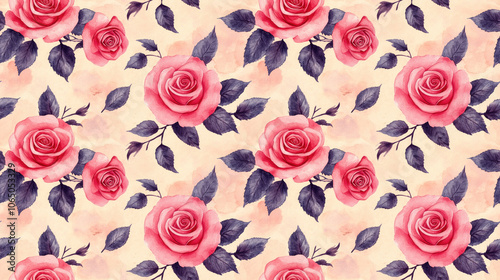 Seamless floral pattern featuring hand drawn watercolor pink roses on a vintage background ideal for wrapping paper and fabric print