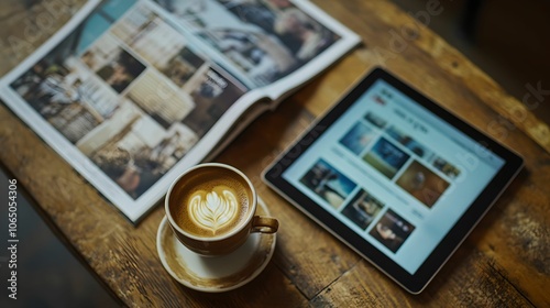 Coffee Cup and Tablet on Wooden Table, wood, magazine, digital, beverage photo