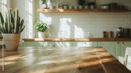 A sunlit kitchen scene featuring a wooden table with a potted plant. The soft lighting, green elements, and minimalistic design create a harmonious setting.