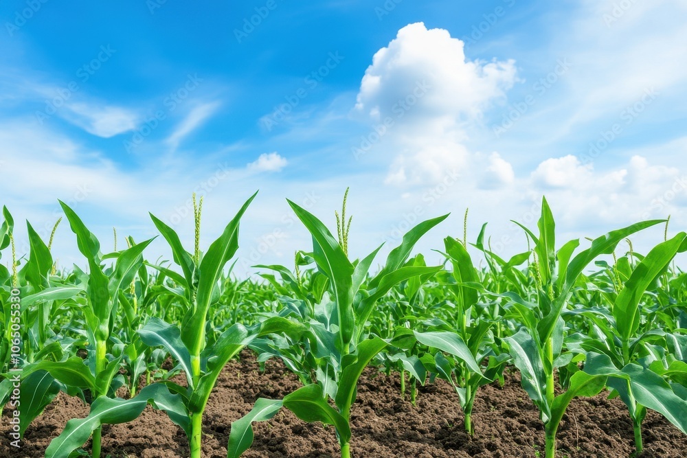 Obraz premium A field of young corn plants growing in soil under a bright blue sky, symbolizing agriculture, growth, and sustainability.