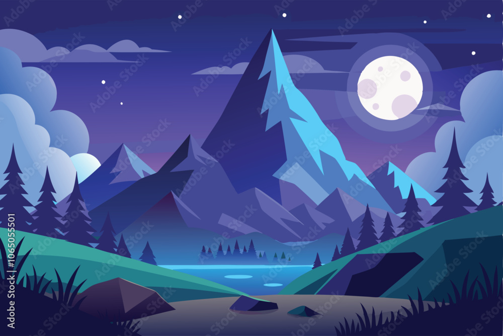 Naklejka premium Night Landscape With Mountain And Moon Vector Art Illustration