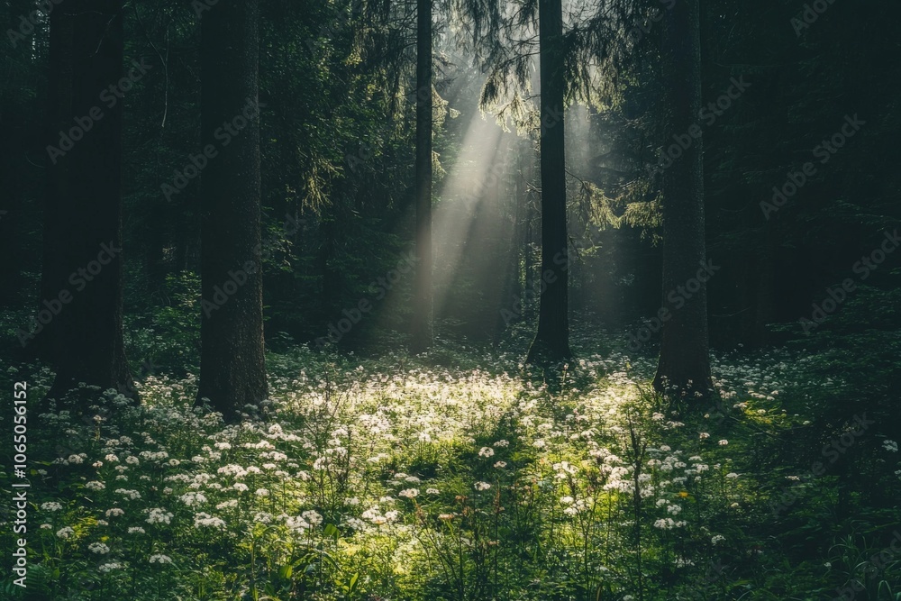 Obraz premium Rays of sunlight break through the formidable tree trunks, shrouding the open forest clearing in luminescent beauty, illustrating nature's awe-inspiring play of light and shadow.