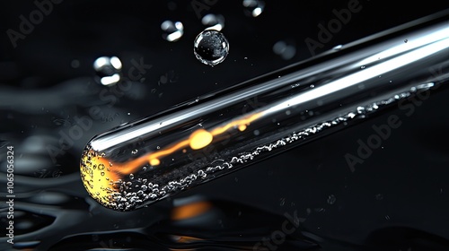 Close-up of a glass tube in water with bubbles and glowing particles. photo