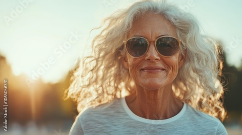 A stylish woman with sunglasses poses with confidence and sophistication under a sunny sky, expressing a fashion-forward attitude and enjoying the warmth of daylight.