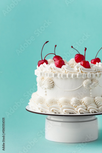 Delicate lambeth style birthday cake with white cream cheese frosting decorated with cocktail cherries on the turquoise background photo