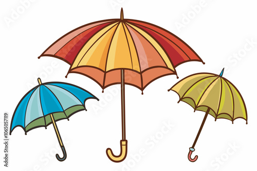Three differently sized, colorful umbrellas - the largest striped in red, orange, and yellow, flanked by blue/yellow and possibly green ones. The warm backdrop hints at a cozy scene,