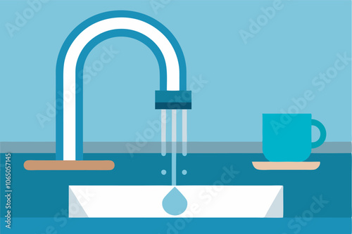 A modern white sink with flowing water, blue cup and saucer, and a teal mug create a fresh and clean atmosphere in a serene setting with light blue and grey tones.