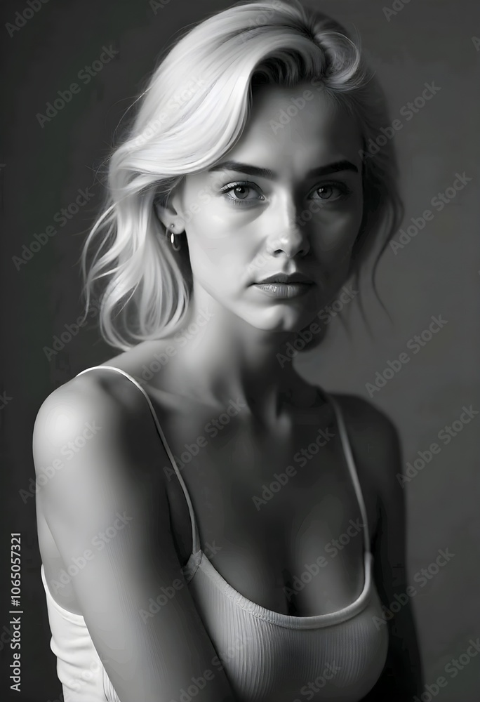 Naklejka premium A close-up black and white portrait of a young, medium-skinned woman with long, wavy blonde hair. She has a serious, pensive expression on her face and appears to be in her mid-to late 20s.