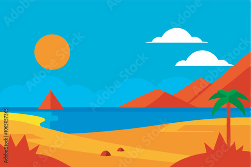 An illustration of a beach in a desert setting with a palm tree, river, sea, mountains, sun, and clouds. The image radiates warmth and comfort.