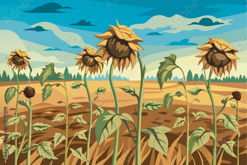 Illustration shows a field of drying sunflowers under a melancholic sky. With wilted petals and faded leaves, the scene exudes a rustic, golden aura.