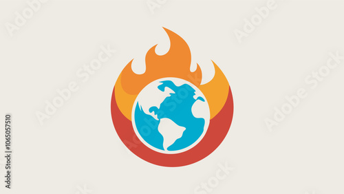 Logo with Earth in blue encircled by flames of orange, red, and yellow on a beige-brown gradient background. Outlined by a black border for emphasis.