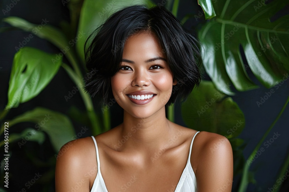 Smiling woman with short hair surrounded by lush green plants. Smiling woman with short hair surrounded by lush green plants.