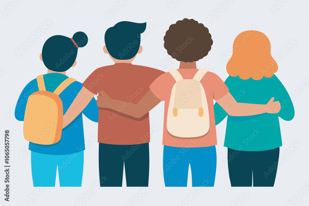 Fototapeta premium Illustration shows four diverse friends united with backpacks, hinting at school setting. Simple, colorful style conveys positive, friendly atmosphere among group.