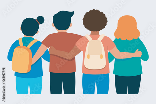 Illustration shows four diverse friends united with backpacks, hinting at school setting. Simple, colorful style conveys positive, friendly atmosphere among group.