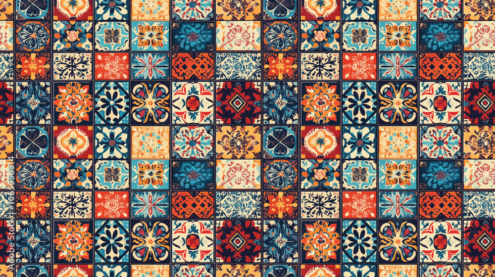 Fototapeta premium Vibrant seamless pattern of ceramic tile designs featuring colorful Indian style patchwork ideal for wallpaper and home decor applications