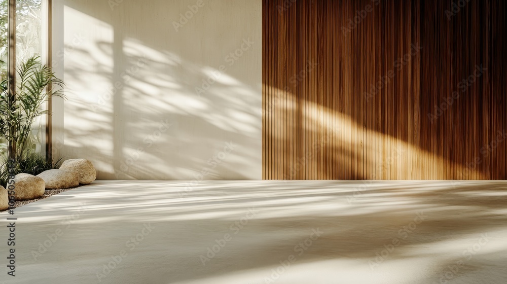 An elegant modern interior is shown with soft lighting, a wooden accent wall, and shadows creating a sophisticated and minimalistic aesthetic, embodying contemporary design. An elegant modern interior is shown with soft lighting, a wooden accent wall, and shadows creating a sophisticated and minimalistic aesthetic, embodying contemporary design.