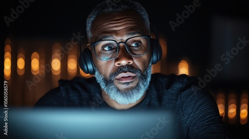 A man intensely focuses on his laptop while wearing headphones in a dimly lit room, conveying a sense of dedication, concentration, and modern work ethic. photo