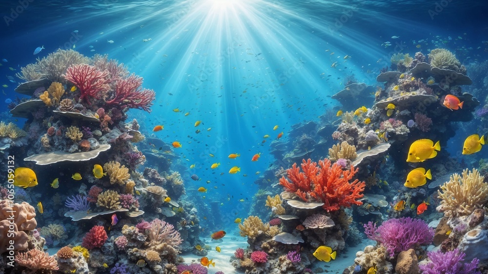 Obraz premium Vibrant coral reef with tropical fish in sunlight underwater