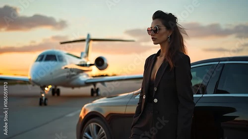 Stylish Woman in Sunglasses Walking Towards a Private Jet and Luxury Car at Sunset