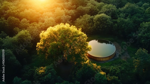 An enchanting scene featuring a reflective pond surrounded by a dense, lush green forest. The sun's rays highlight the harmonious interplay between nature and reflection. photo