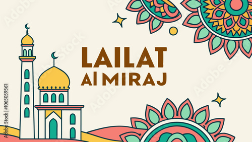 Lailat al miraj mosque and mandala art banner for islamic celebrations and religious events