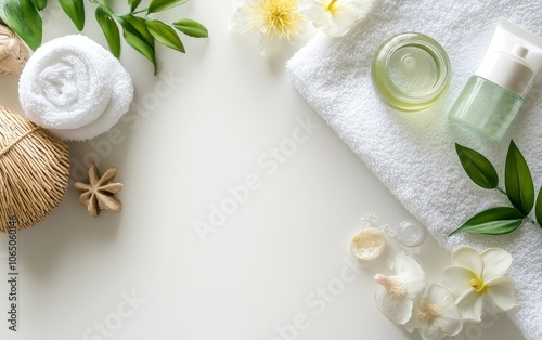 Spa essentials including towels, flowers, essential oils, and beauty products arranged on white background with copy space, embodying relaxation and self care photo