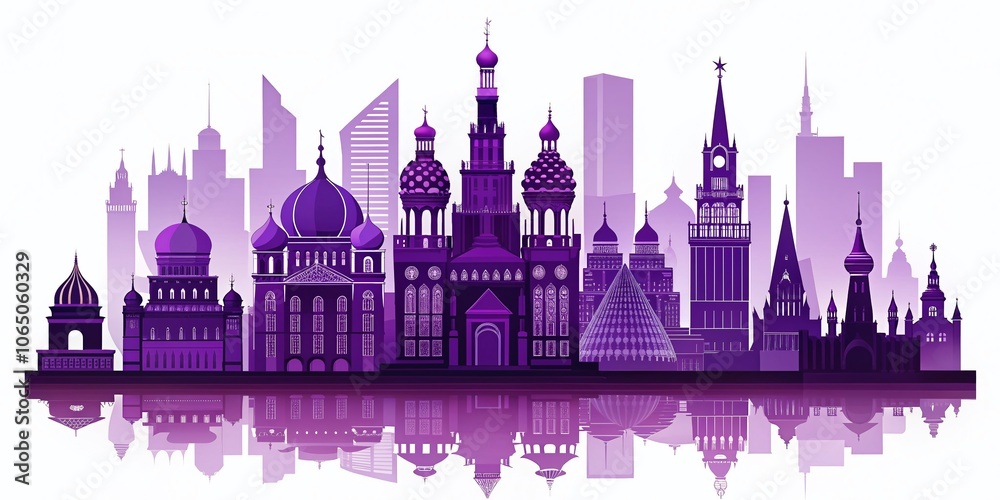 Obraz premium Abstract Purple Silhouette of Moscow on White Background - Modern Art, Urban Aesthetics, Minimalist Design, Architectural Features, Contemporary Illustration, Digital Art, Abstract Concepts