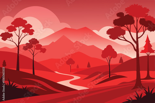 Vector panoramic landscape with red and black silhouettes of trees and hills
