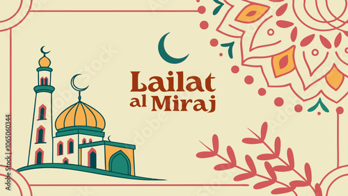 Lailat al miraj celebration banner with mosque and ornamental design for religious event promotion