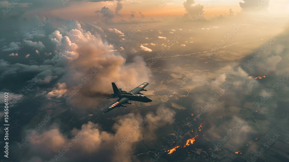 Naklejka premium Aerial view of military aircraft releasing bombs on distant target, smoke and fire erupting from ground, intense action amidst cloudy sky.