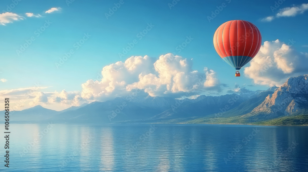 Fototapeta premium A hot air balloon flying over a lake