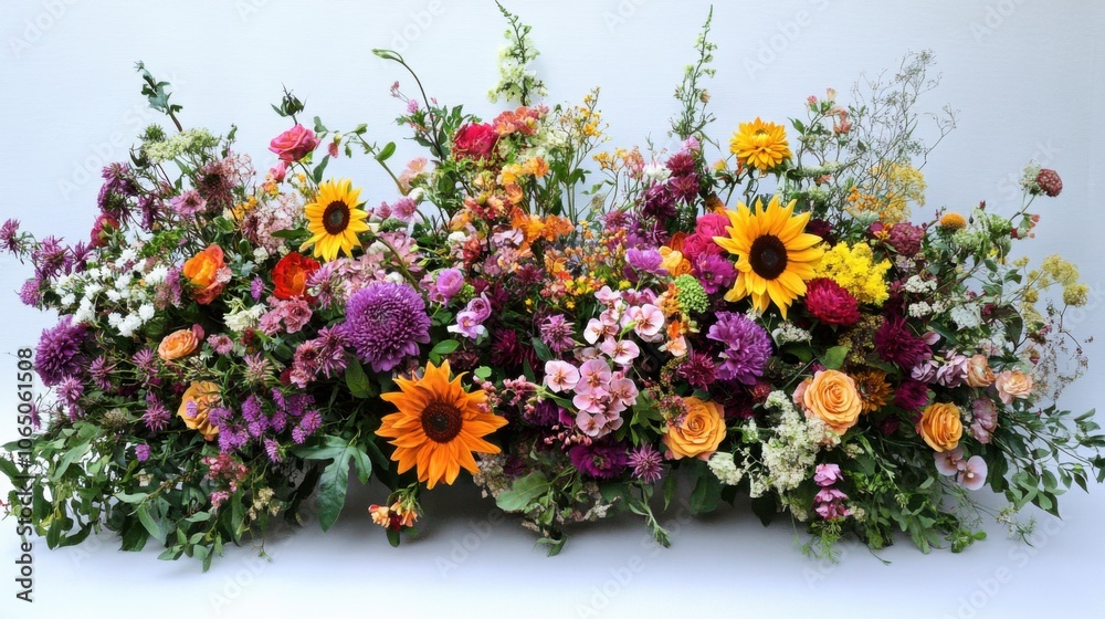 Obraz premium An elegant display of exotic and common flowers, featuring sunflowers, orchids, peonies, and wildflowers with intricate petal details on a plain white background. The flowers are arranged in