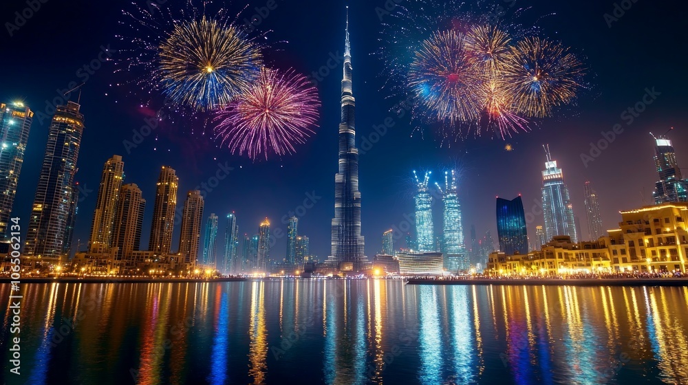 Obraz premium A vibrant fireworks display illuminates the night sky over the iconic Dubai skyline.