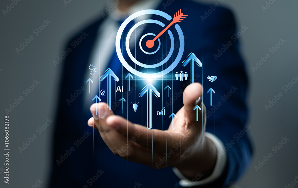 © GamePixel - Concept of business strategy and future sustainable business finance action plan. Hand touch target board for creative and set up business objective target and success and business goals concept.