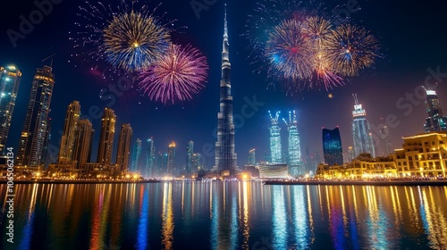A vibrant fireworks display illuminates the night sky over the iconic Dubai skyline.