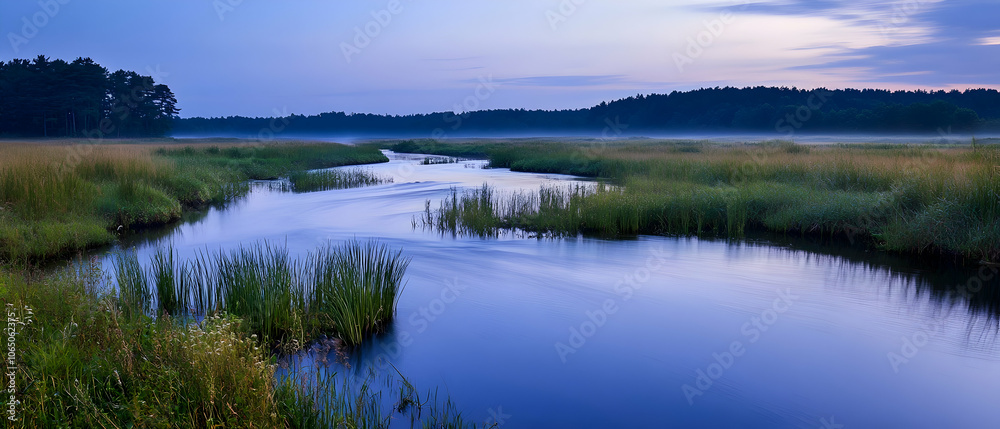 Obraz premium Serene river winding through a lush green meadow with a forest in the background.